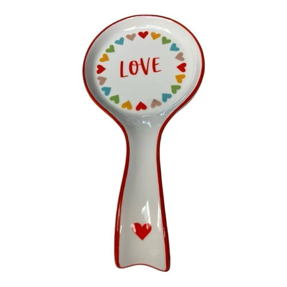 Spoon Rest "LOVE" White with Multicolor Rainbow Hearts, Ceramic